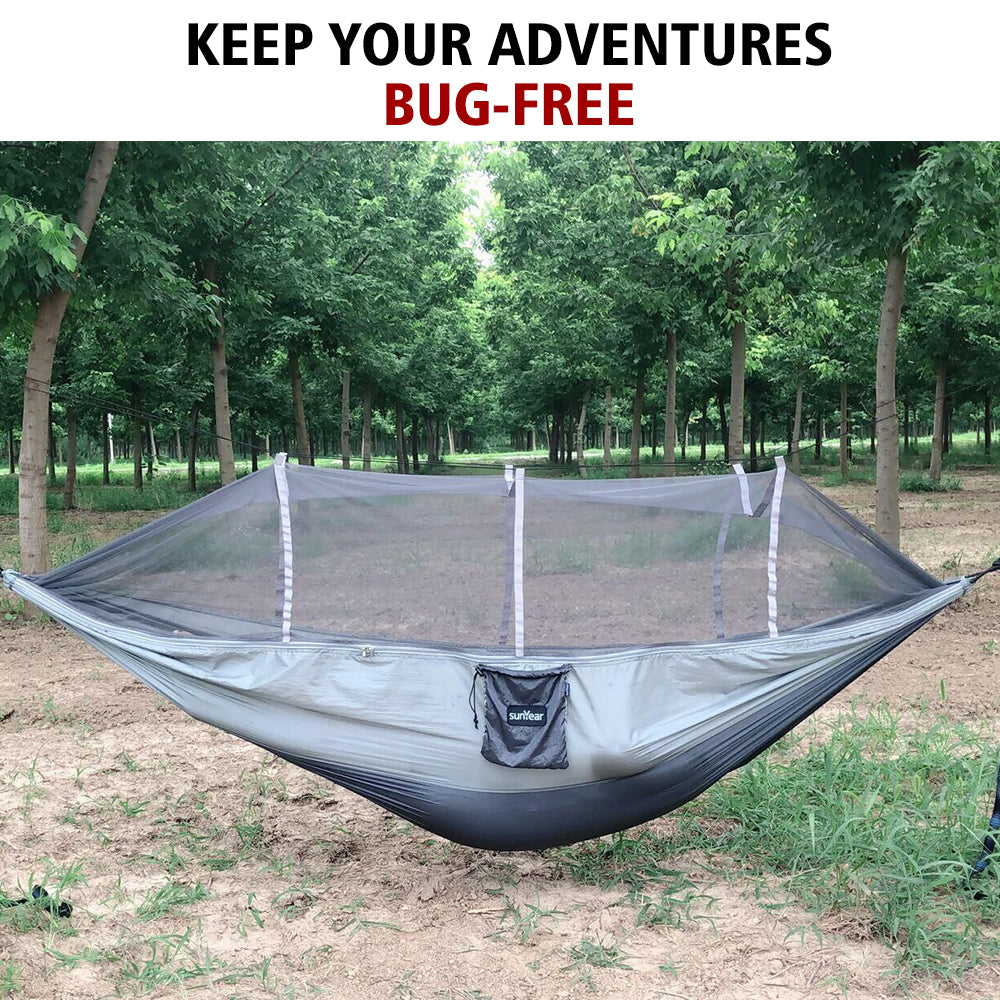 Sunyear Camping Hammock with Mosquito/Bug Net, 10ft Hammock Tree Straps & Carabiners | Easy Assembly | Portable Parachute Nylon Hammock for Camping, Backpacking, Survival, Travel & More ( 78 inch x 118 inch )