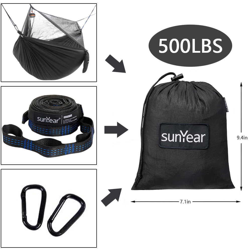Sunyear Hammock Camping with Net/Netting Mosquito & 2 Tree Straps (16+1 Loops Each,20Ft Total), Portable Nylon Parachute Hammocks for Outdoor Indoor Backpacking Survival & Travel ( 55 inch x 106 inch )