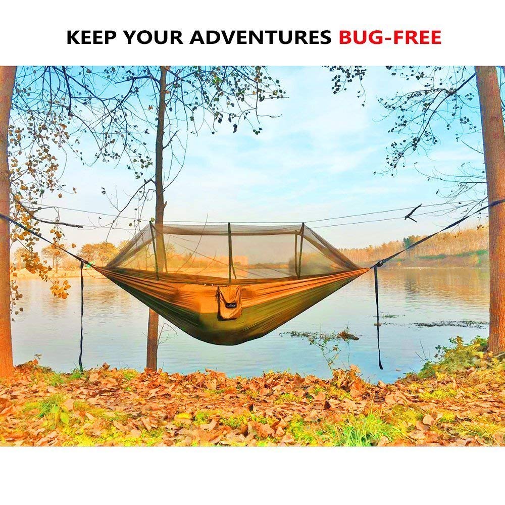 Sunyear Camping Hammock with Mosquito/Bug Net, 10ft Hammock Tree Straps & Carabiners | Easy Assembly | Portable Parachute Nylon Hammock for Camping, Backpacking, Survival, Travel & More ( 78 inch x 118 inch )