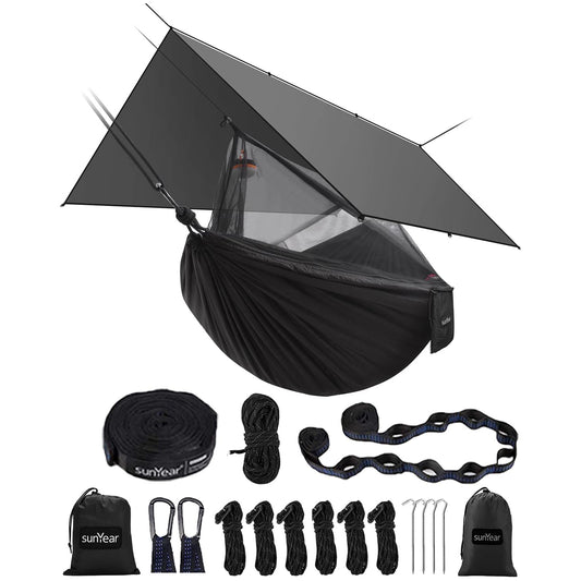 Sunyear Hammock Camping with Rain Fly Tarp and Net, Portable Camping Hammock Double Tree Hammock Outdoor Indoor Backpacking Travel & Survival, 2 Tree Straps, 100% Waterproof (106"L x 55"W)