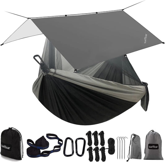 Sunyear Hammock Camping with Rain Fly Tarp and Net, Portable Camping Hammock Double Tree Hammock Outdoor Indoor Backpacking Travel & Survival, 2 Tree Straps, 100% Waterproof (118"L x 78"W)