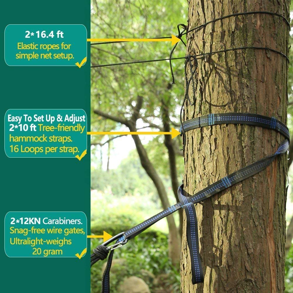 Sunyear Camping Hammock with Mosquito/Bug Net, 10ft Hammock Tree Straps & Carabiners | Easy Assembly | Portable Parachute Nylon Hammock for Camping, Backpacking, Survival, Travel & More ( 78 inch x 118 inch )