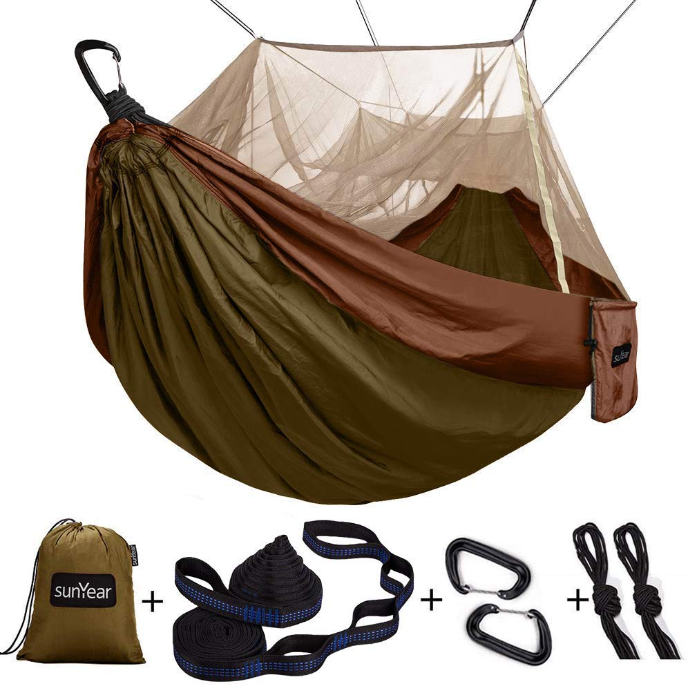 hängematte nylon Single & Double Camping Hammock with Mosquito/Bug Net, 10ft Hammock Tree Straps and Carabiners, Easy Assembly, Portable Parachute Nylon Hammock for Camping, Backpacking, Survival, Travel & More – Sunyear