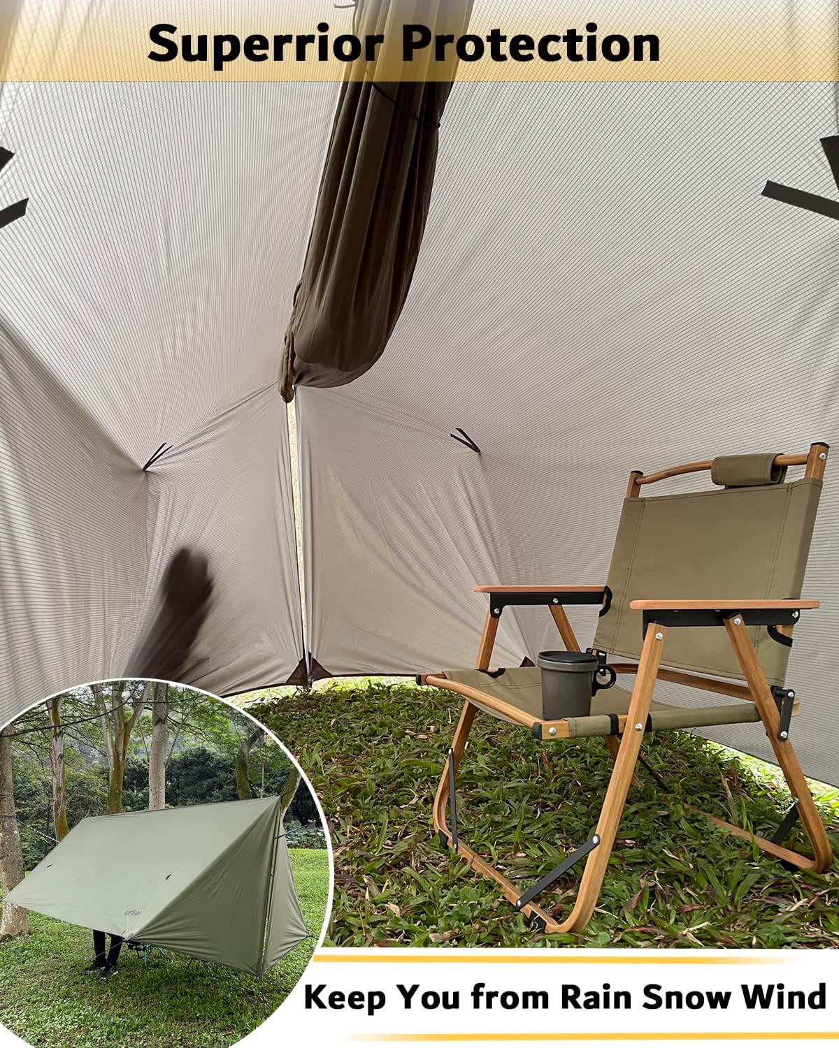 Sunyear Hammock Rain Fly Waterproof - Premium Hammock Tarp with Doors to Stay Warm and Dry in All Seasons | Portable and Lightweight Camp Rain Fly with All Installations Included | 11 Ft / 2lbs