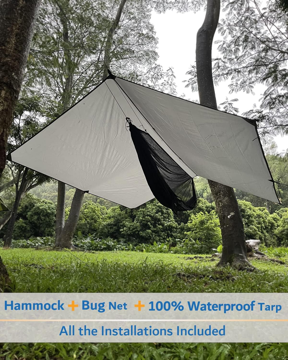 Sunyear Hammock Camping with Rain Fly Tarp and Net, Portable Camping Hammock Double Tree Hammock Outdoor Indoor Backpacking Travel & Survival, 2 Tree Straps, 100% Waterproof (106"L x 55"W)