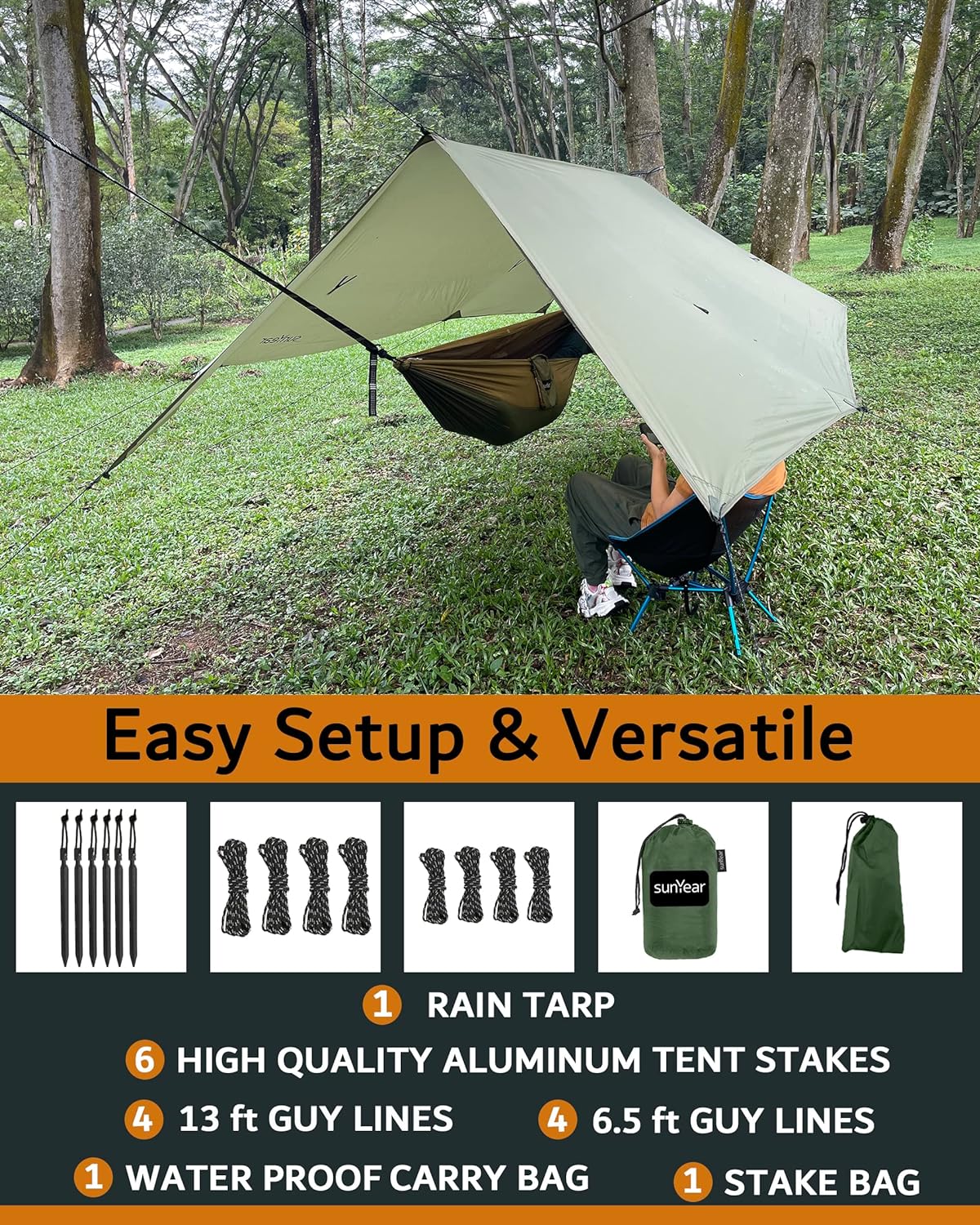 Sunyear Hammock Rain Fly Waterproof - Premium Hammock Tarp with Doors to Stay Warm and Dry in All Seasons | Portable and Lightweight Camp Rain Fly with All Installations Included | 11 Ft / 2lbs