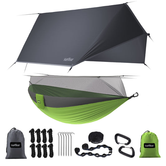 Sunyear Camping Hammock with Rain Fly and Net - Outdoor Hammock Accessories-Double Hammock Tent for Outside-Keep Side Wind&Rain-Large and Heavy Duty (118×78 in)