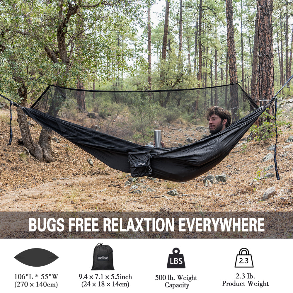 Sunyear Hammock Camping with Net/Netting Mosquito & 2 Tree Straps (16+1 Loops Each,20Ft Total), Portable Nylon Parachute Hammocks for Outdoor Indoor Backpacking Survival & Travel ( 55 inch x 106 inch )