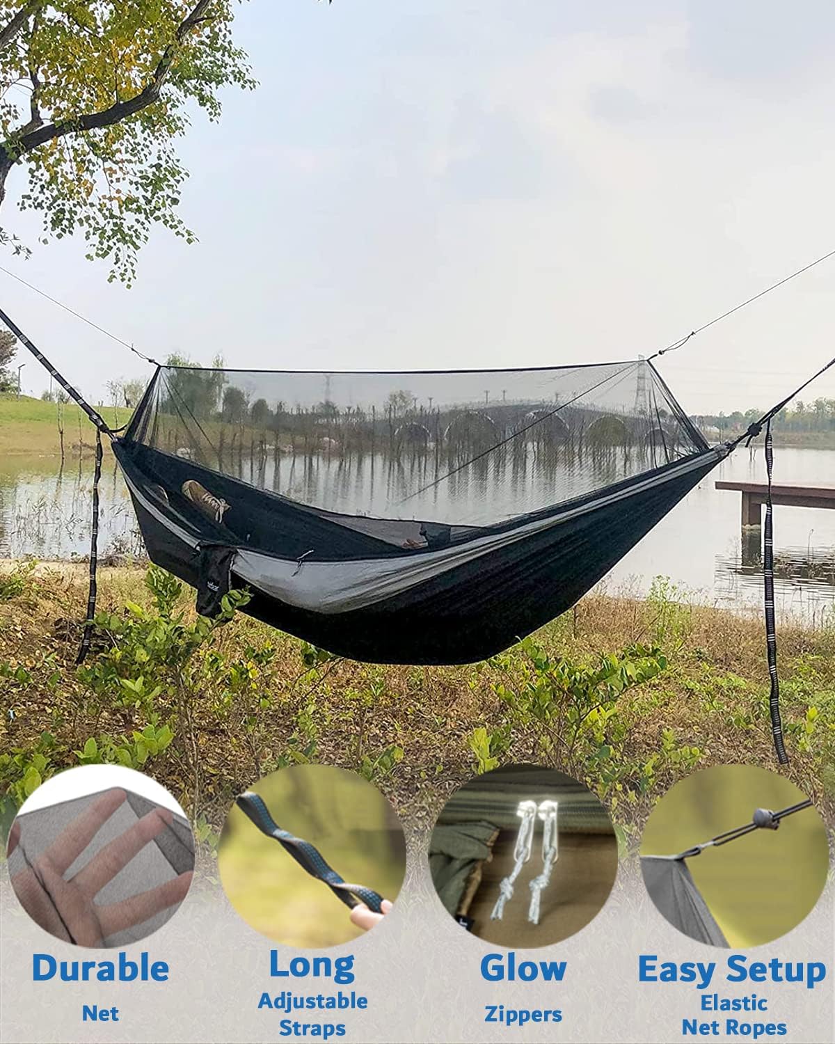 Sunyear Hammock Camping with Rain Fly Tarp and Net, Portable Camping Hammock Double Tree Hammock Outdoor Indoor Backpacking Travel & Survival, 2 Tree Straps, 100% Waterproof (118"L x 78"W)
