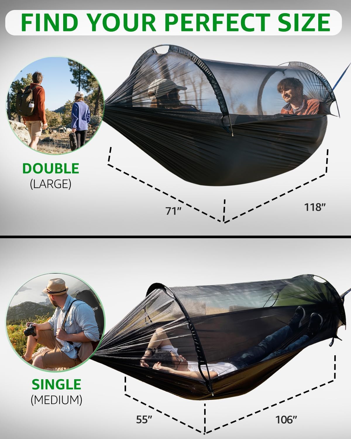 Sunyear Camping Hammock with Net - Double&Single Hammock with House-Like Net- Easy Setup & Pack, Lightweight & Portable, Perfect for Hiking, Backpacking, Outdoor Sleeping（106"L x 55"W）