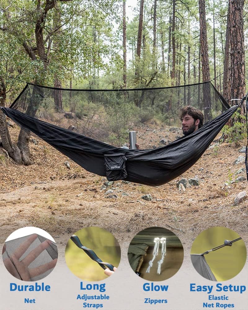Sunyear Hammock Camping with Rain Fly Tarp and Net, Portable Camping Hammock Double Tree Hammock Outdoor Indoor Backpacking Travel & Survival, 2 Tree Straps, 100% Waterproof (106"L x 55"W)