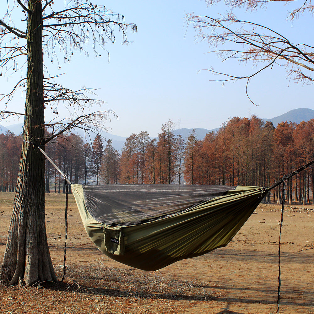 Sunyear Camping Hammock with Removable No See-Um Mosquito Net, Double & Single Portable Outdoor Hammocks Parachute Lightweight Nylon with Tree Straps for Adventures Hiking Backpacking ( 9.5 feet × 5 feet )