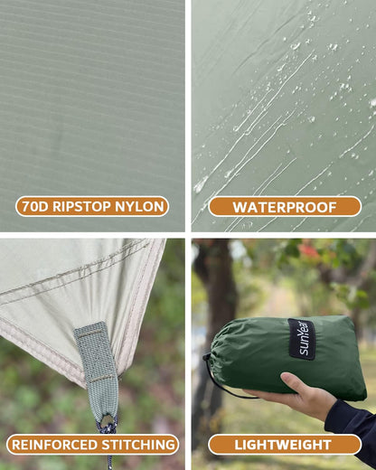 Sunyear Hammock Rain Fly Waterproof - Premium Hammock Tarp with Doors to Stay Warm and Dry in All Seasons | Portable and Lightweight Camp Rain Fly with All Installations Included | 11 Ft / 2lbs