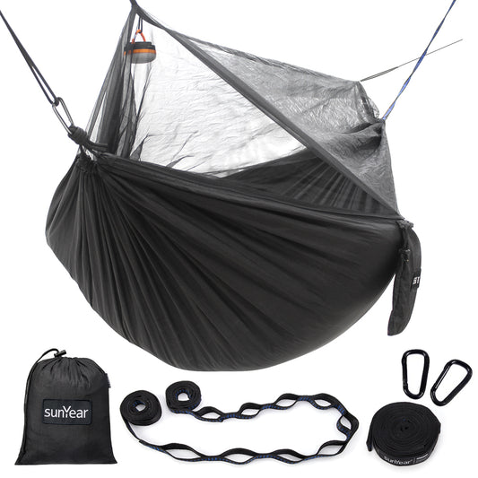 Sunyear Hammock Camping with Net/Netting Mosquito & 2 Tree Straps (16+1 Loops Each,20Ft Total), Portable Nylon Parachute Hammocks for Outdoor Indoor Backpacking Survival & Travel ( 55 inch x 106 inch )