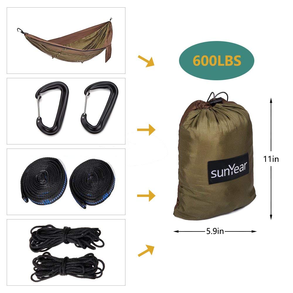 Sunyear Camping Hammock with Mosquito/Bug Net, 10ft Hammock Tree Straps & Carabiners | Easy Assembly | Portable Parachute Nylon Hammock for Camping, Backpacking, Survival, Travel & More ( 55 inch x 106 inch )