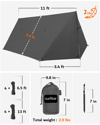 Sunyear Hammock Rain Fly Waterproof - Premium Hammock Tarp with Doors to Stay Warm and Dry in All Seasons | Portable and Lightweight Camp Rain Fly with All Installations Included | 11 Ft / 2lbs