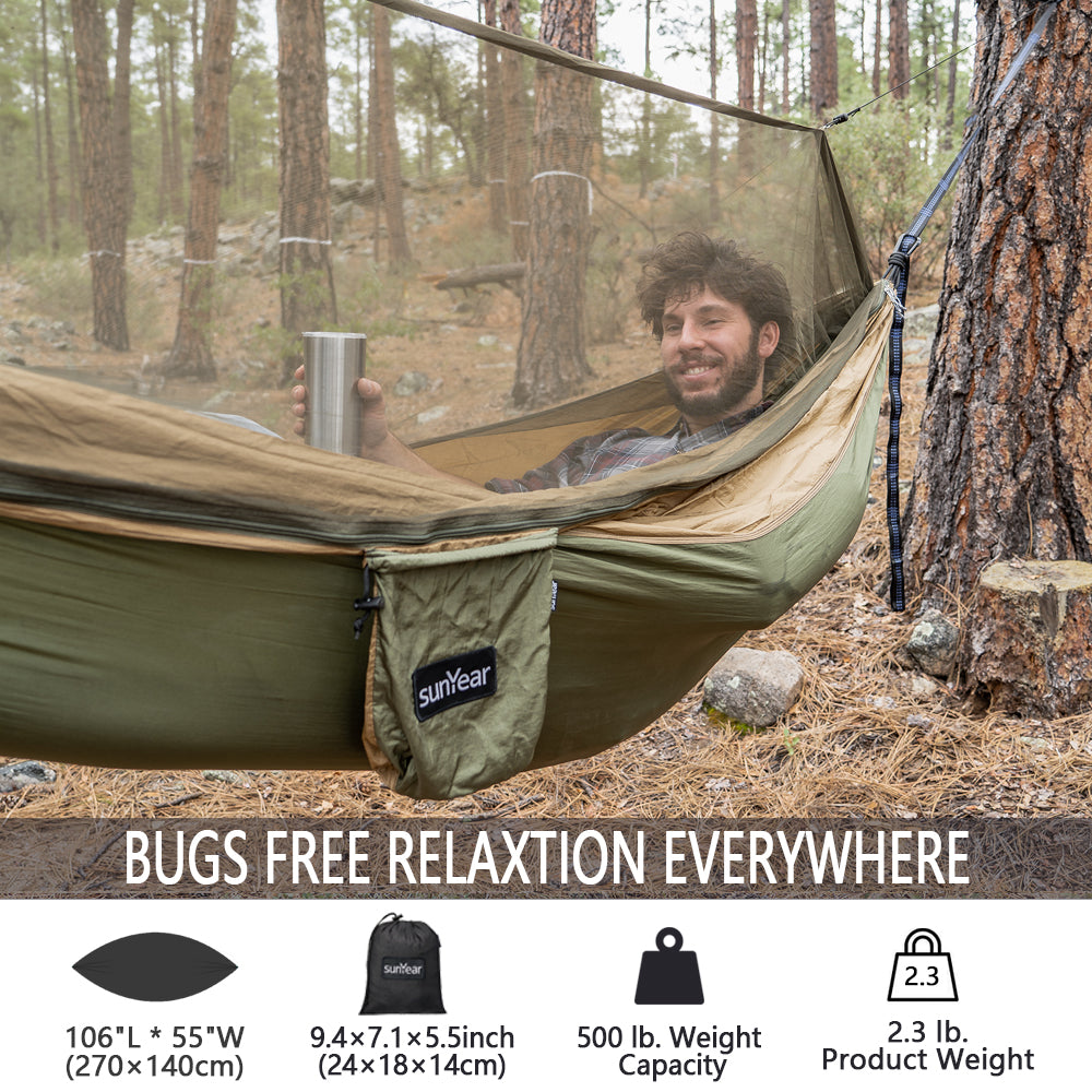 Sunyear Hammock Camping with Net/Netting Mosquito & 2 Tree Straps (16+1 Loops Each,20Ft Total), Portable Nylon Parachute Hammocks for Outdoor Indoor Backpacking Survival & Travel ( 78 inch x 118 inch )