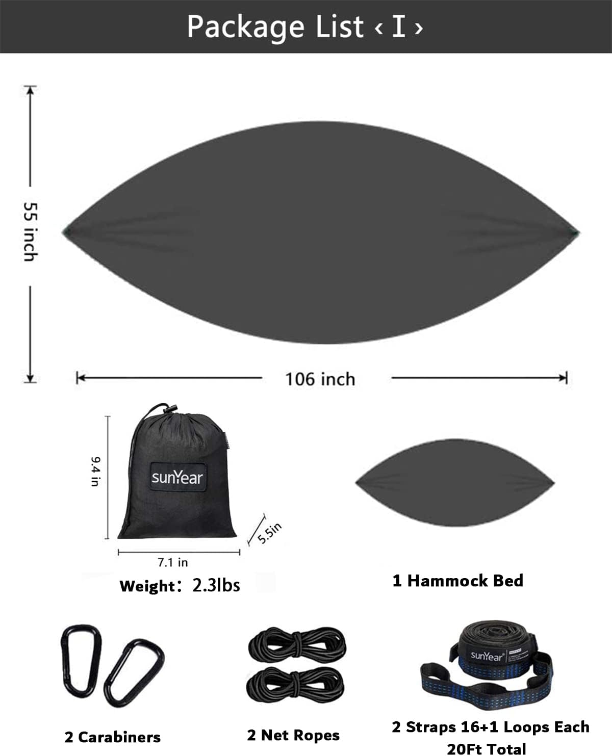 Sunyear Hammock Camping with Rain Fly Tarp and Net, Portable Camping Hammock Double Tree Hammock Outdoor Indoor Backpacking Travel & Survival, 2 Tree Straps, 100% Waterproof (106"L x 55"W)