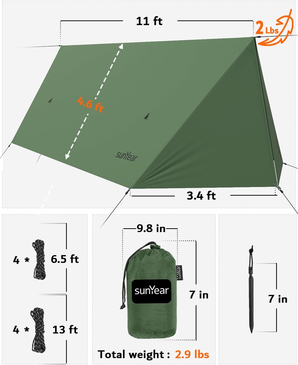Sunyear Hammock Rain Fly Waterproof - Premium Hammock Tarp with Doors to Stay Warm and Dry in All Seasons | Portable and Lightweight Camp Rain Fly with All Installations Included | 11 Ft / 2lbs