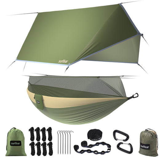 Sunyear Camping Hammock with Rain Fly and Net - Outdoor Hammock Accessories-Double Hammock Tent for Outside-Keep Side Wind&Rain-Large and Heavy Duty (118×78 in)