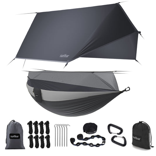 Sunyear Camping Hammock with Rain Fly and Net - Outdoor Hammock Accessories-Double Hammock Tent for Outside-Keep Side Wind&Rain-Large and Heavy Duty (118×78 in)