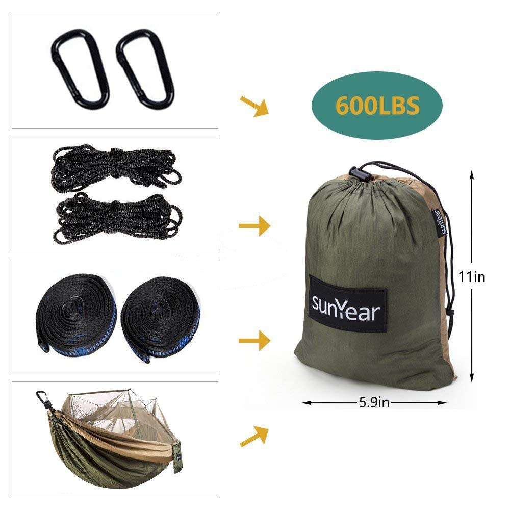 Sunyear Camping Hammock with Mosquito/Bug Net, 10ft Hammock Tree Straps & Carabiners | Easy Assembly | Portable Parachute Nylon Hammock for Camping, Backpacking, Survival, Travel & More ( 55 inch x 106 inch )