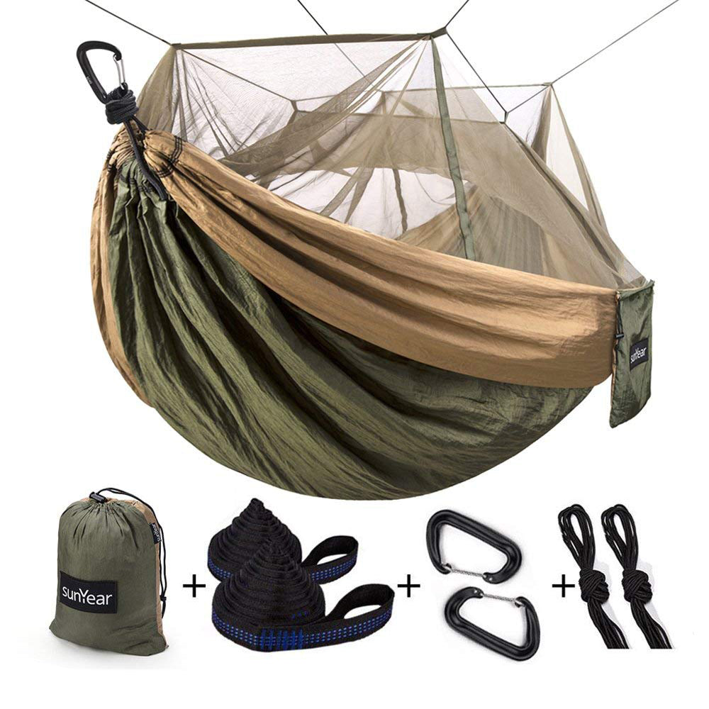 Sunyear Camping Hammock with Mosquito/Bug Net, 10ft Hammock Tree Straps & Carabiners | Easy Assembly | Portable Parachute Nylon Hammock for Camping, Backpacking, Survival, Travel & More ( 55 inch x 106 inch )