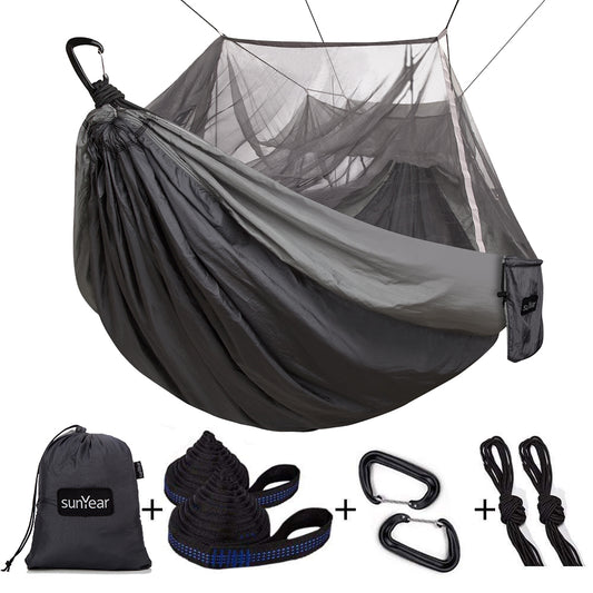 Sunyear Camping Hammock with Mosquito/Bug Net, 10ft Hammock Tree Straps & Carabiners | Easy Assembly | Portable Parachute Nylon Hammock for Camping, Backpacking, Survival, Travel & More ( 78 inch x 118 inch )