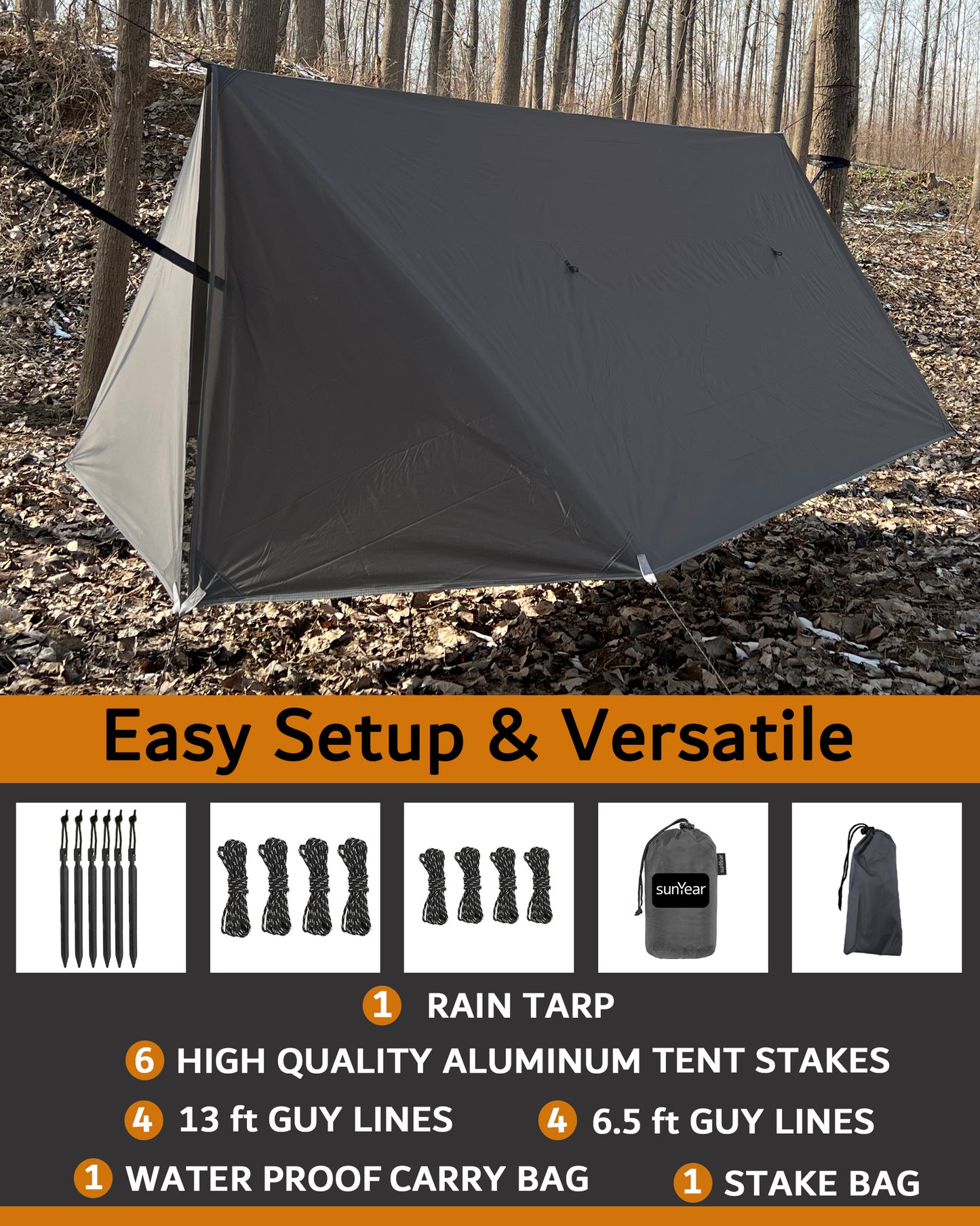 Sunyear Hammock Rain Fly Waterproof - Premium Hammock Tarp with Doors to Stay Warm and Dry in All Seasons | Portable and Lightweight Camp Rain Fly with All Installations Included | 11 Ft / 2lbs