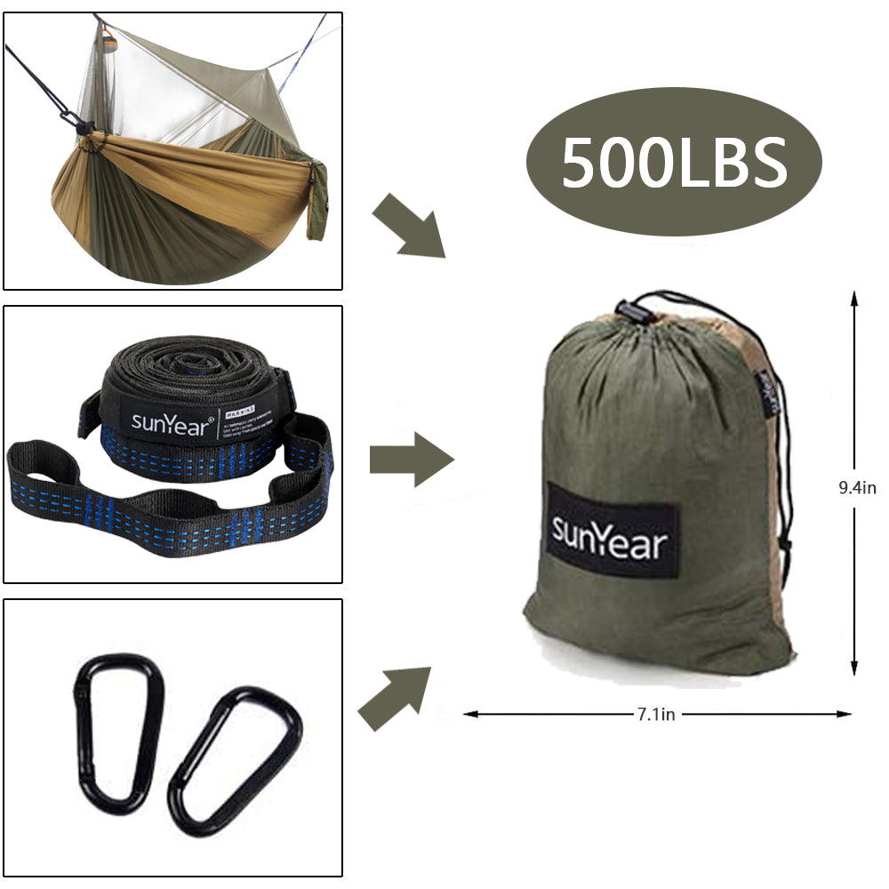 Sunyear Hammock Camping with Net/Netting Mosquito & 2 Tree Straps (16+1 Loops Each,20Ft Total), Portable Nylon Parachute Hammocks for Outdoor Indoor Backpacking Survival & Travel ( 78 inch x 118 inch )