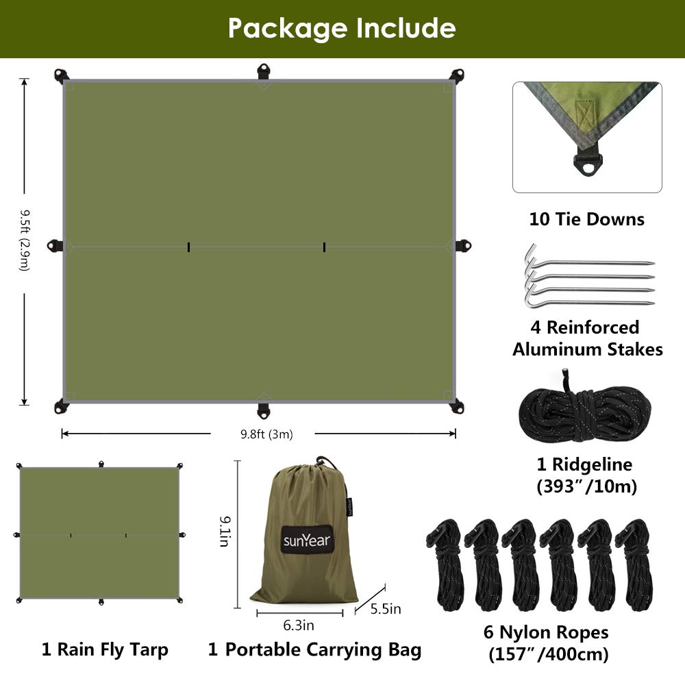 Sunyear Hammock Rain Fly Tent Tarp Provides Effective Protection Against Rain, Snow. Big 9.8x9.5ft Durable, Waterproof 210D Oxford. 13ft Long Ridgeline, 6 Guy Lines, 2 Stuff Sacks. Easy Assembly