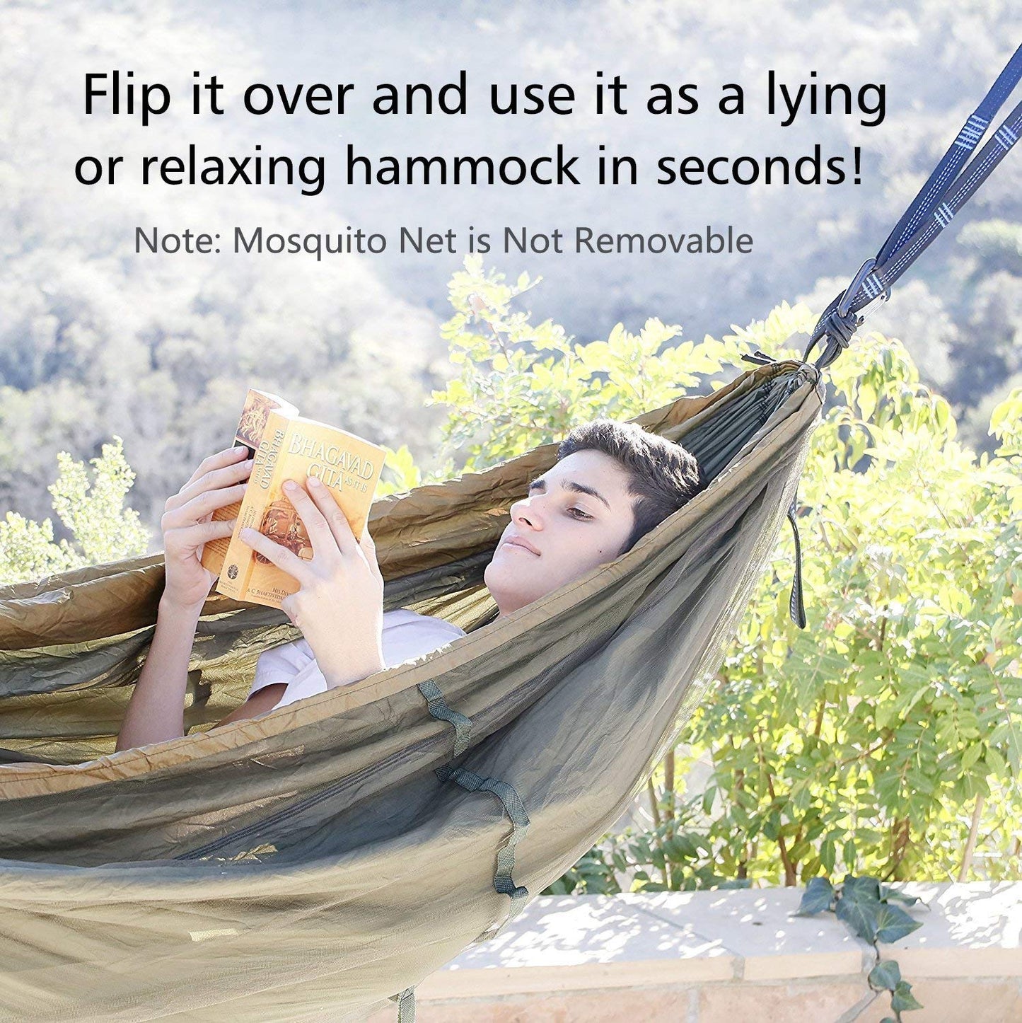Sunyear Camping Hammock with Mosquito/Bug Net, 10ft Hammock Tree Straps & Carabiners | Easy Assembly | Portable Parachute Nylon Hammock for Camping, Backpacking, Survival, Travel & More ( 55 inch x 106 inch )