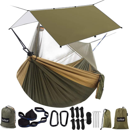 Sunyear Hammock Camping with Rain Fly Tarp and Net, Portable Camping Hammock Double Tree Hammock Outdoor Indoor Backpacking Travel & Survival, 2 Tree Straps, 100% Waterproof (106"L x 55"W)