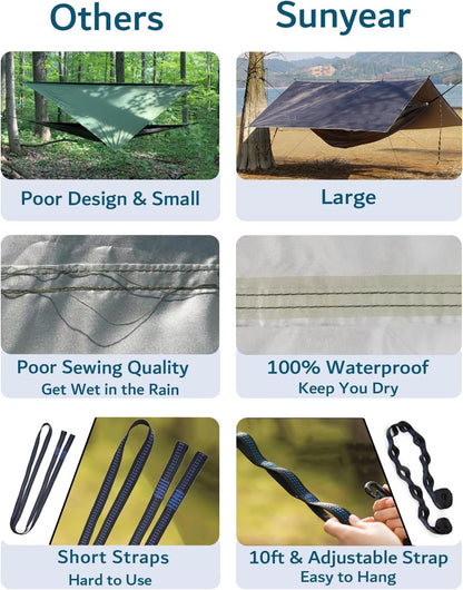 Sunyear Hammock Camping with Rain Fly Tarp and Net, Portable Camping Hammock Double Tree Hammock Outdoor Indoor Backpacking Travel & Survival, 2 Tree Straps, 100% Waterproof (106"L x 55"W)