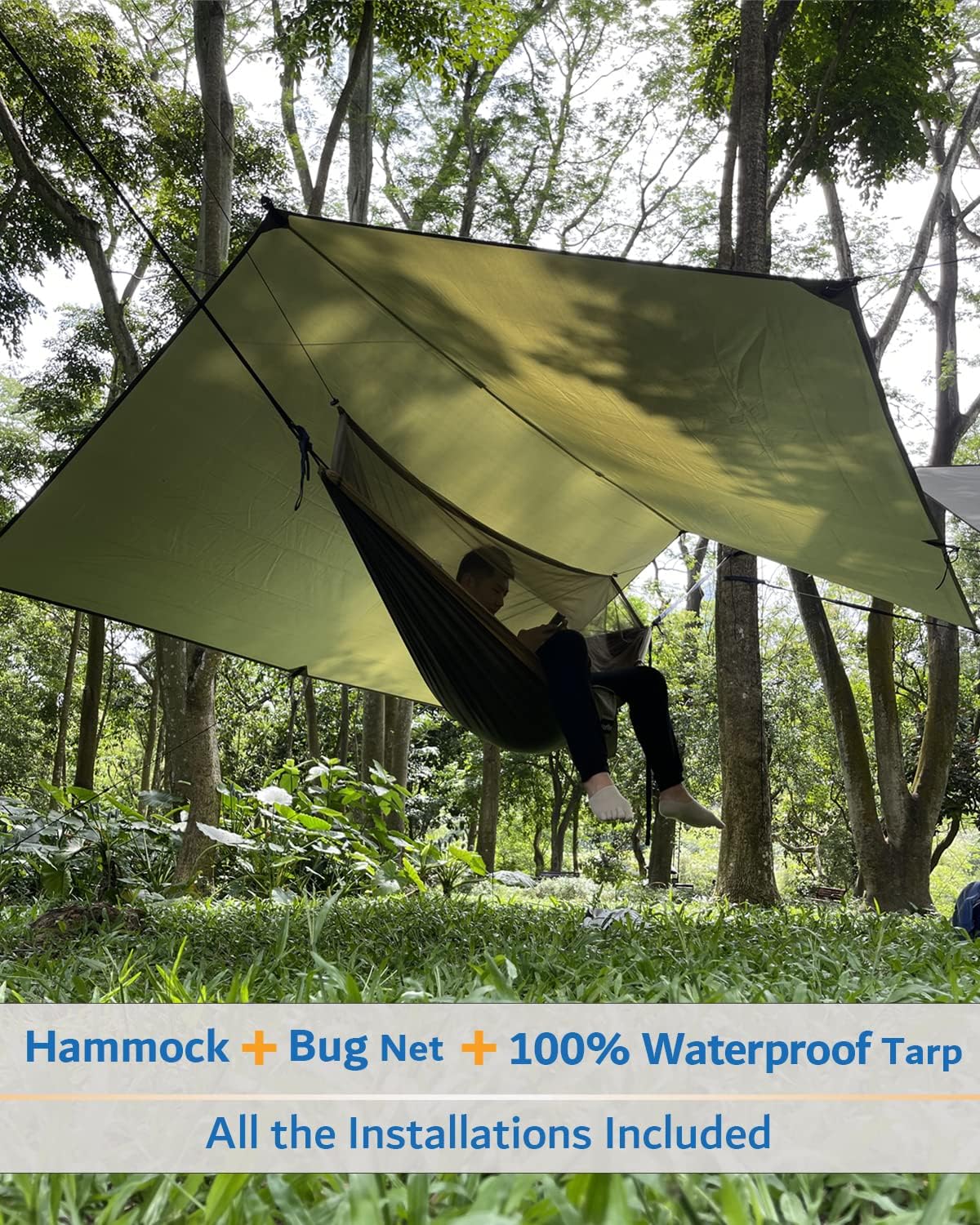 Sunyear Hammock Camping with Rain Fly Tarp and Net, Portable Camping Hammock Double Tree Hammock Outdoor Indoor Backpacking Travel & Survival, 2 Tree Straps, 100% Waterproof (118"L x 78"W)