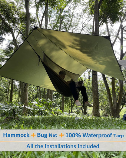 Sunyear Hammock Camping with Rain Fly Tarp and Net, Portable Camping Hammock Double Tree Hammock Outdoor Indoor Backpacking Travel & Survival, 2 Tree Straps, 100% Waterproof (106"L x 55"W)