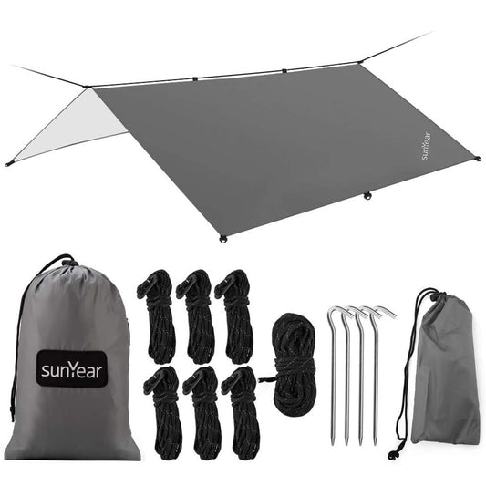 Sunyear Hammock Rain Fly Tent Tarp Provides Effective Protection Against Rain, Snow. Big 9.8x9.5ft Durable, Waterproof 210D Oxford. 13ft Long Ridgeline, 6 Guy Lines, 2 Stuff Sacks. Easy Assembly