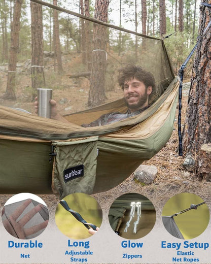 Sunyear Hammock Camping with Rain Fly Tarp and Net, Portable Camping Hammock Double Tree Hammock Outdoor Indoor Backpacking Travel & Survival, 2 Tree Straps, 100% Waterproof (118"L x 78"W)