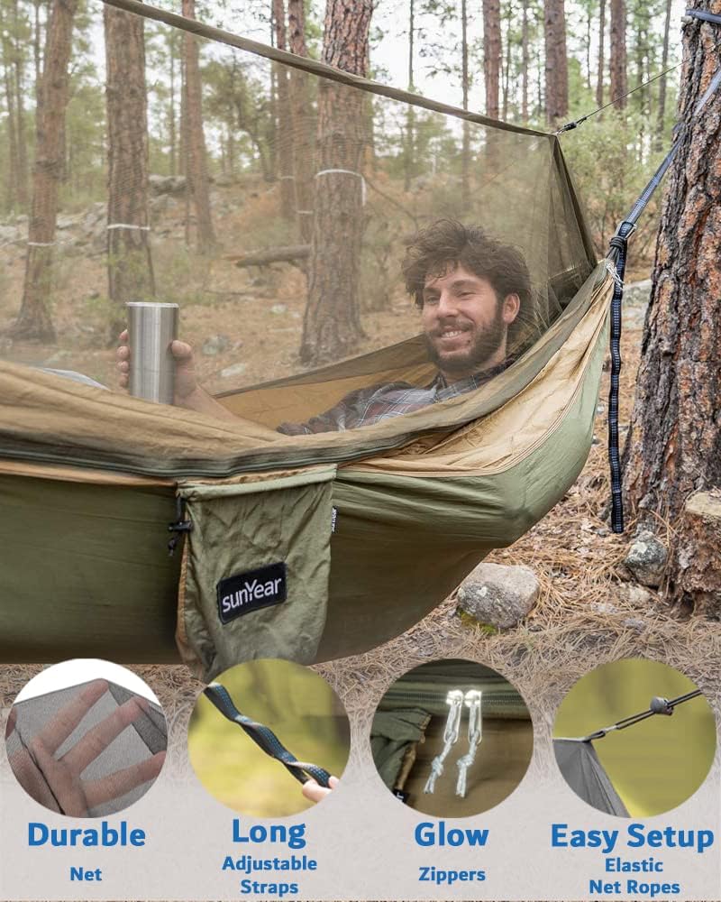 Sunyear Hammock Camping with Rain Fly Tarp and Net, Portable Camping Hammock Double Tree Hammock Outdoor Indoor Backpacking Travel & Survival, 2 Tree Straps, 100% Waterproof (106"L x 55"W)