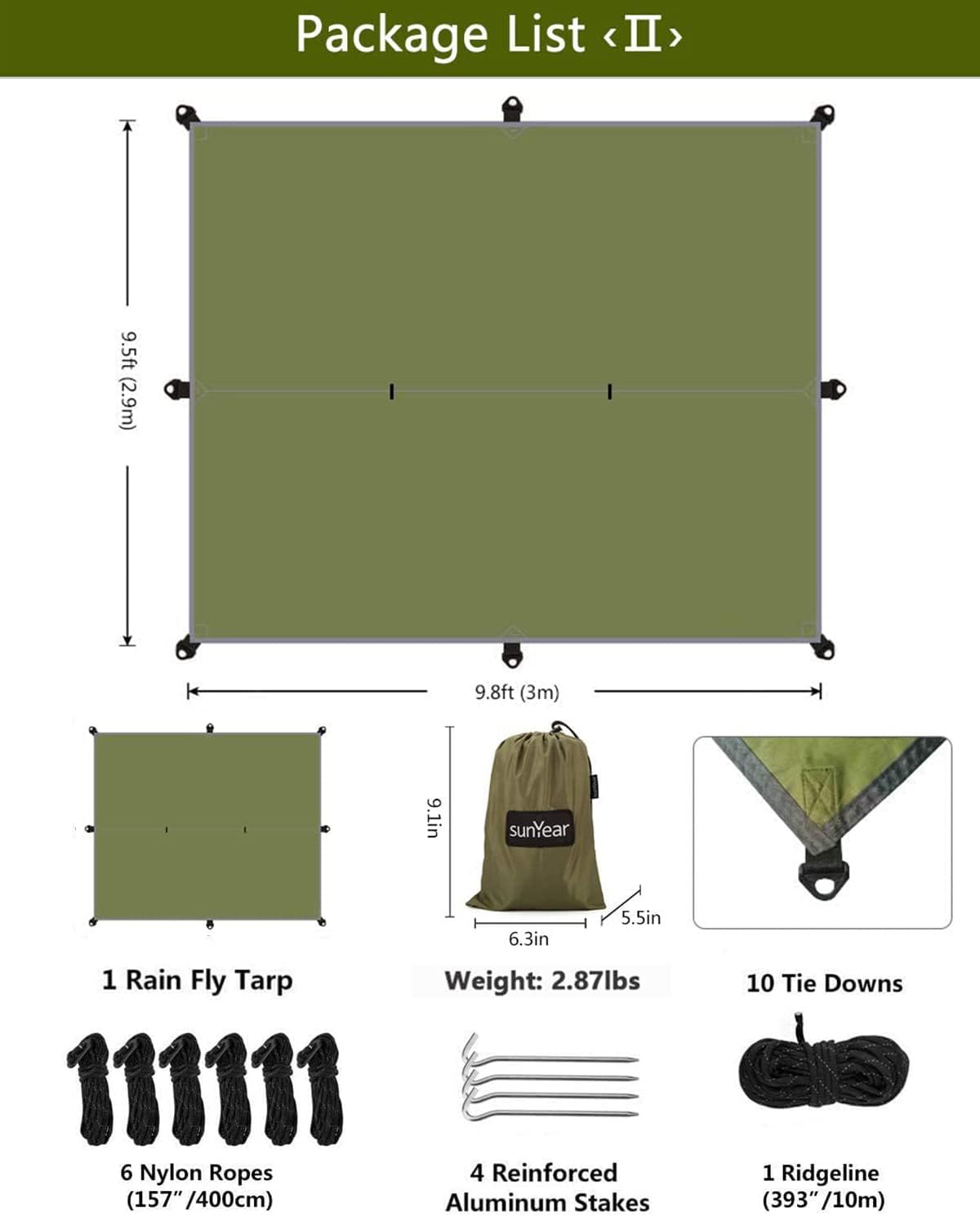 Sunyear Hammock Camping with Rain Fly Tarp and Net, Portable Camping Hammock Double Tree Hammock Outdoor Indoor Backpacking Travel & Survival, 2 Tree Straps, 100% Waterproof (106"L x 55"W)